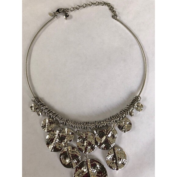 Unique Hammered Silvertone Dangle Pendant Statement Necklace - Picture 3 of 5